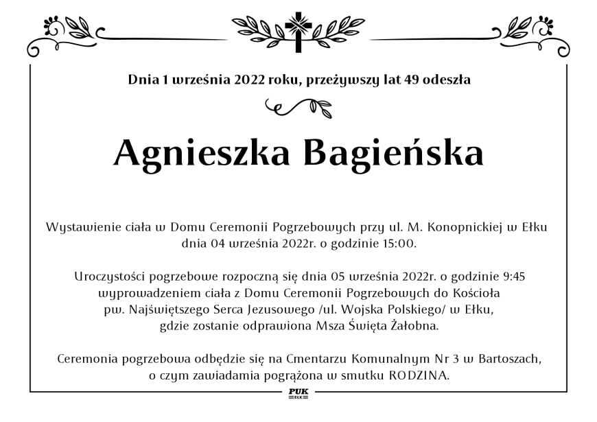 Agnieszka Bagieńska - nekrolog